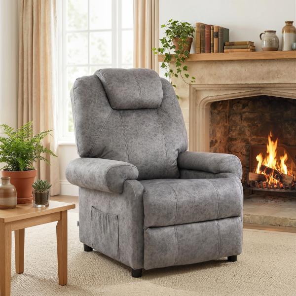 Poltrona Relax Reclinável com Apoio para os Pés Retrátil Encosto Alto Bolso Lateral Acolchoado Grosso 88x91x108 cm Cinzento