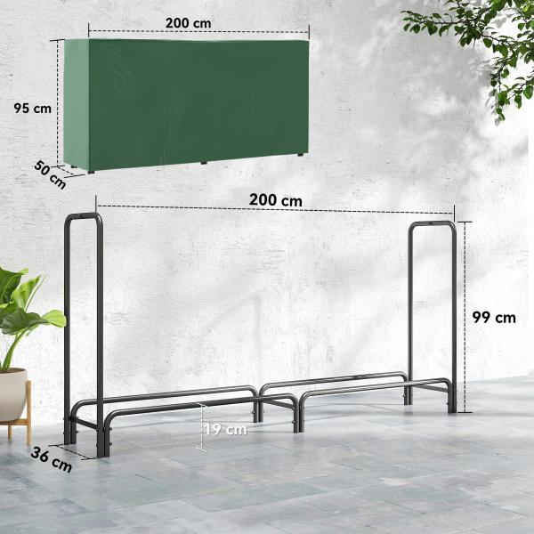 Suporte para Lenha com Cobertura Ajustável para Interior e Exterior Carga 200 kg 200x36x99 cm Verde Escuro e Preto