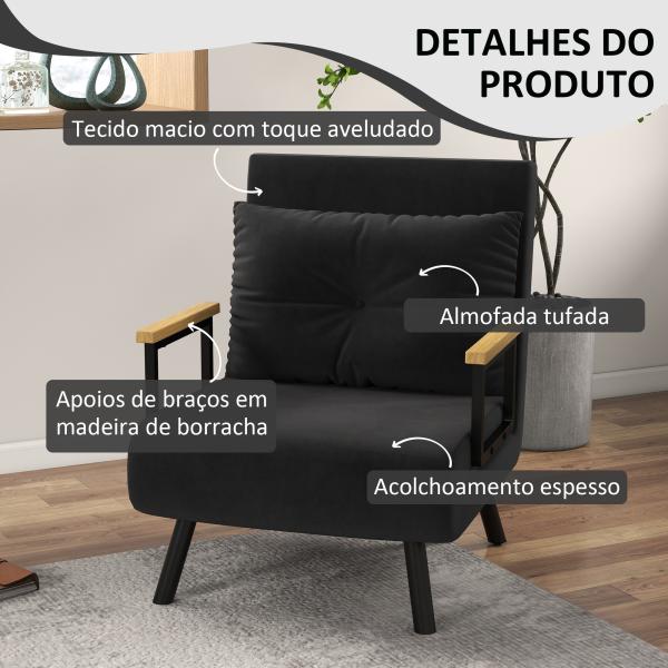 Poltrona Convertível em Cama Poltrona 3 em 1 Convertível em Cama com Encosto Ajustável em 5 Níveis 63x73x81 cm Preto