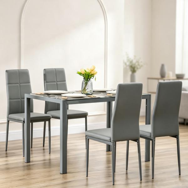 Conjunto de Sala de Jantar 5 Peças com Mesa Retangular de Vidro Temperado e 4 Cadeiras em PU Cinzento