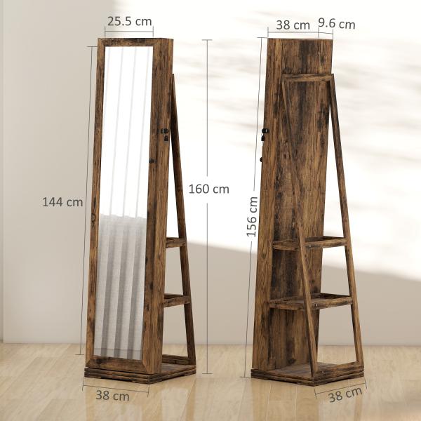 Joalheiro de Pé Armário para Jóias 360° com Fechadura e Espelho Incorporado Carga Máxima 20 kg 38x38x160 cm Marrom Rústico