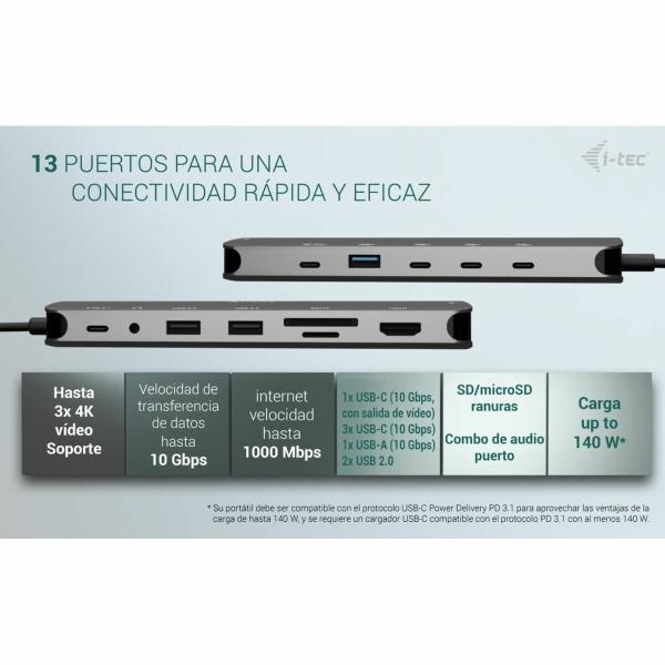 Hub USB i-Tec C31NANOTRIPLEDOCKPD Cinzento