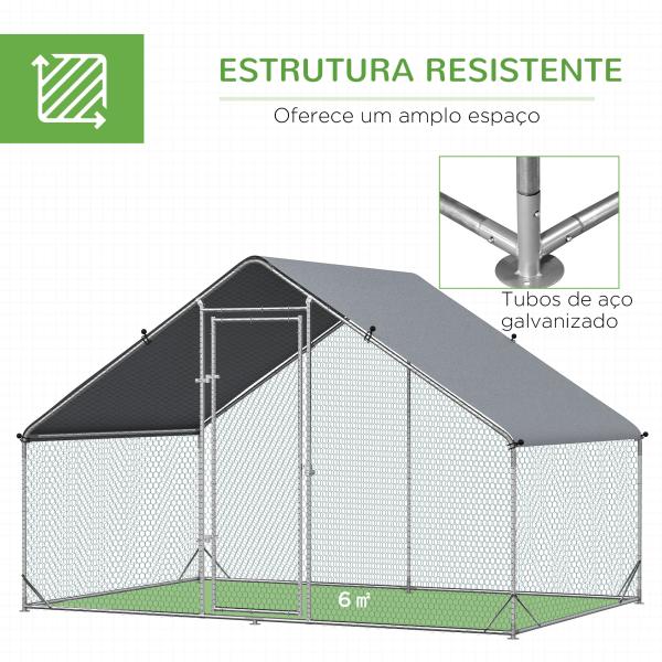 Galinheiro de Exterior Grande Área Aberta de 6 ㎡ para 4 - 6 Galinhas Galinheiro de Aço Galvanizado 3x2x2m