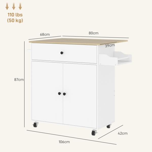 Ilha de Cozinha com Rodas com Lateral Dobrável Gaveta Suporte para Temperos e Prateleira Ajustável 106x42x87 cm Branco e Carvalho
