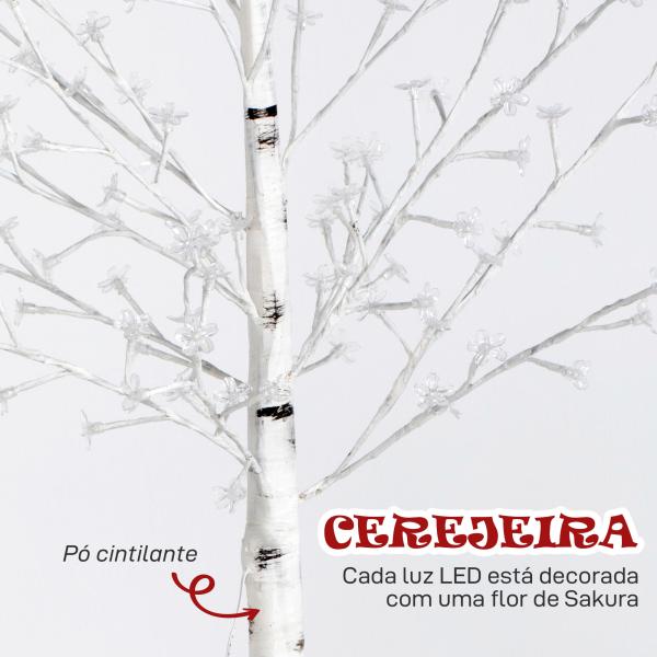Árvore Cerejeira com 120 Luzes LED IP44 Banco Quente com Luz Ajustável em 3 Modos 21x21x150 cm Branco
