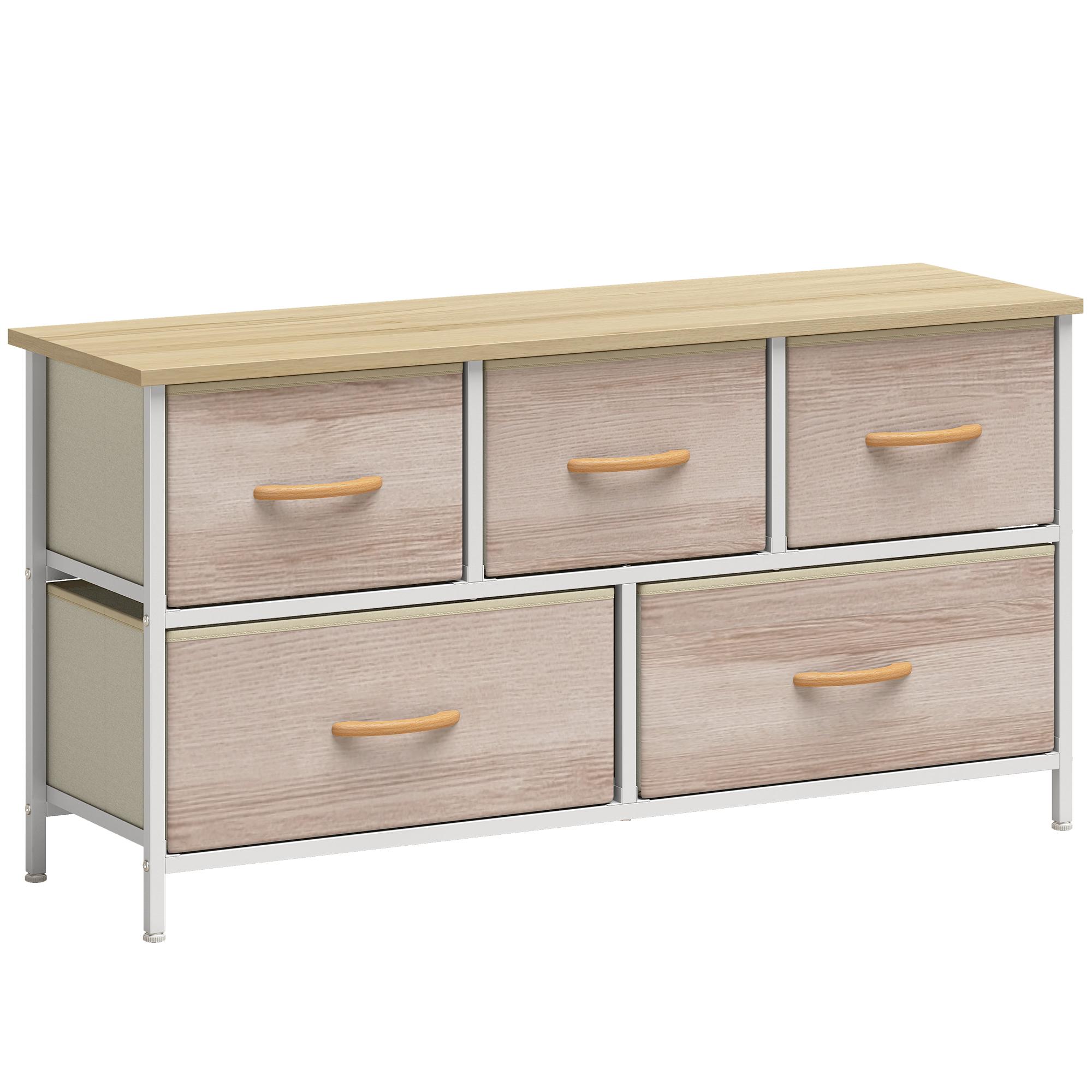 Cómoda com 5 Gavetas de Tecido Cómoda para Quarto Estrutura Metálica 100x30x51.5 cm Madeira e Branco