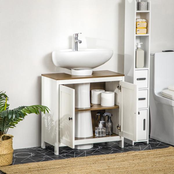 Móvel para Lavatório Pousar de Madeira com 2 Portas e Prateleira Ajustável Estilo Moderno 60x30x60cm Branco e Madeira