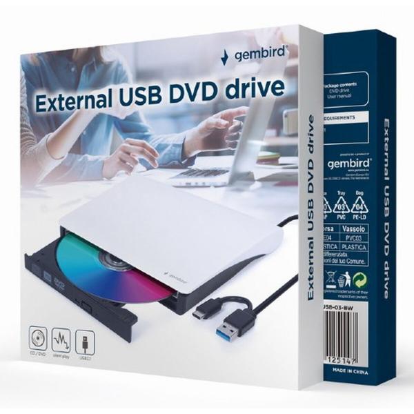 Gravador Externo GEMBIRD DVD-USB-031-BW DVD-R 8x, DVD-R DL 8x, DVD-RW 8x, DVD-ROM 8x, DVD-RAM 5x, DVD+R 8x, DVD+R DL 8x, DVD+RW 