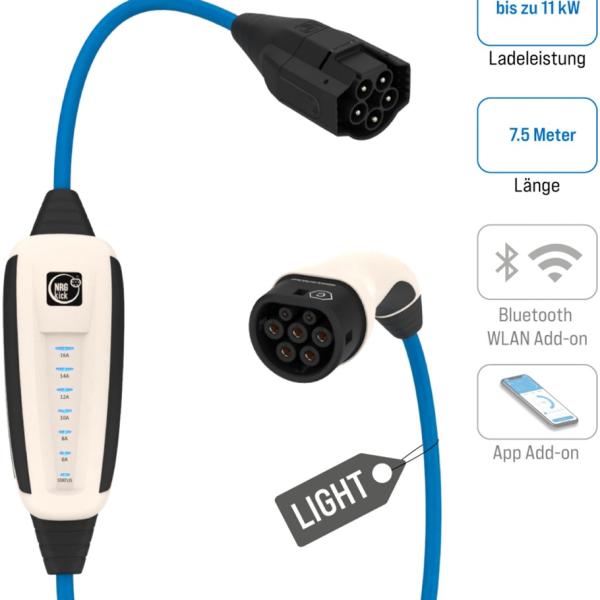 Cabo de Carregamento Pure p/ Veículos Elétricos Tipo 2 / 11kW / 16A Light / 7.5m - NRGKICK