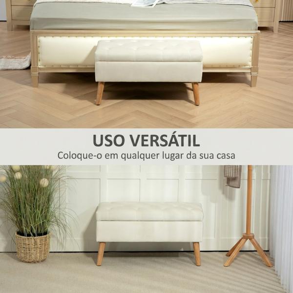 Pufe de Arrumação em Veludo com Tampa e Pés de Madeira para Sala, Quarto ou Entrada, 80x35x42 cm, Creme