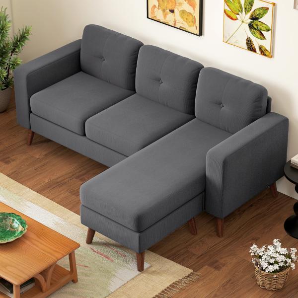 Sofá Chaise Longue Reversível Sofá de Canto em Forma de L de 3 Lugares Estofado em Veludo Cotelê 192x137x84 cm Cinzento Escuro