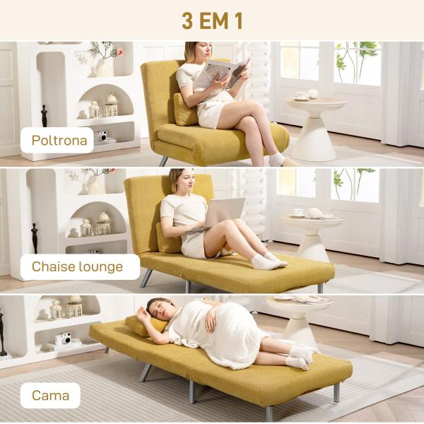 Sofá Cama de 1 Lugar Dobrável Estofado em Tecido Amarelo Mesclado com Encosto Ajustável em 5 Níveis 80x75x83 cm