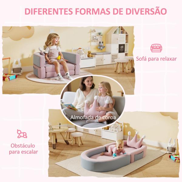 Sofá para Crianças com Almofada em Forma de Coroa Dobrável em Cama e Zona de Brincadeiras 116x61x14 cm Rosa e Azul Acinzentado