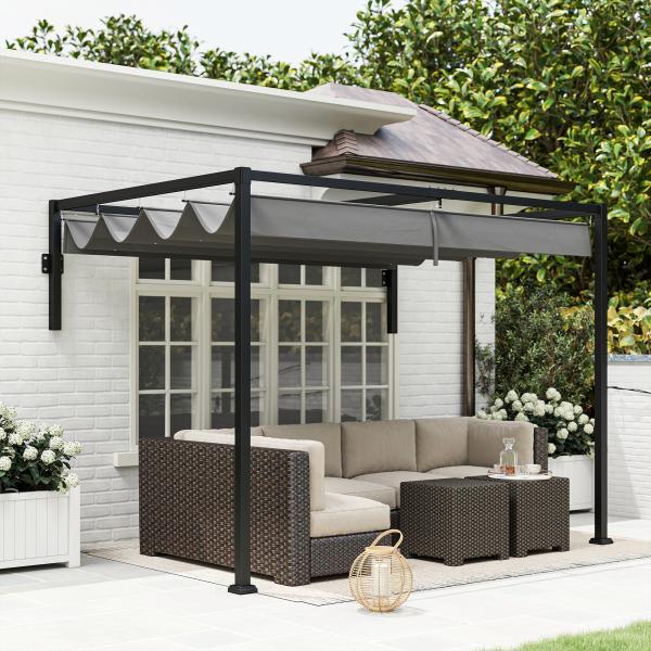 Pérgola de Parede 297x211x220 cm Pérgola de Jardim com Teto Retrátil e Estrutura de Aço Pérgola para Pátio Exterior Cinza Escuro