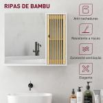 Espelho de Casa de Banho 60x50 cm Espelho de Parede com Porta de Ripas de Bambu Prateleiras de Arrumação Branco e Madeira