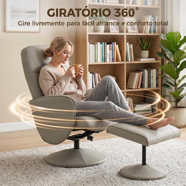 Cadeira Relax Reclinável com Otomana Encosto Alto Giratória 360° Apoios de Braços Bege Cinzento