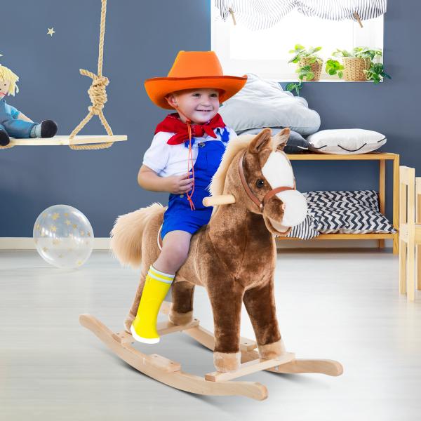 Cavalo de Brincar para crianças +3 anos com Pegas Estrutura Metálica e Base em Madeira Carga 40 kg 74x33x62 cm Castanho