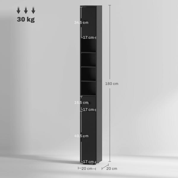 Coluna Casa de Banho Estreita com 1 Gaveta 4 Prateleiras Abertas e Prateleiras Ajustáveis 20x20x180 cm Preto