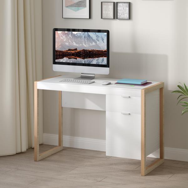 Mesa de Computador com Gaveta Armário Pés em Forma Retangular112,5x50x75,5 cm Branco e Madeira