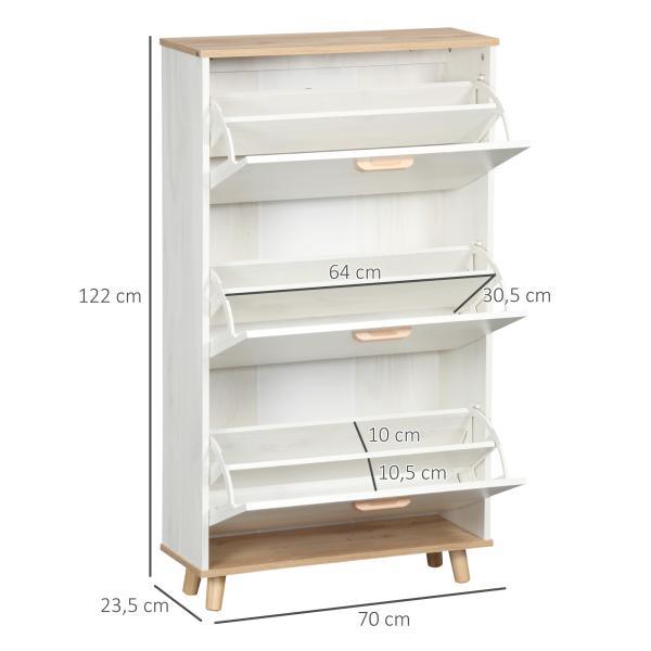 Sapateira Moderna com 3 Gavetas Abatíveis para 12 Pares de Sapatos e Prateleira Ajustável 70x23,5x122cm Branco Envelhecido