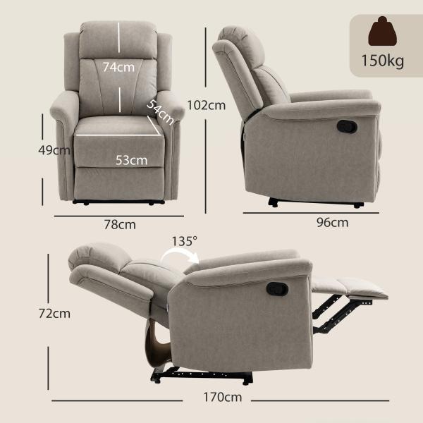 Poltrona Relax Reclinável até 135º com Apoio para os Pés Encosto Alto 78x96x102 cm Cinza