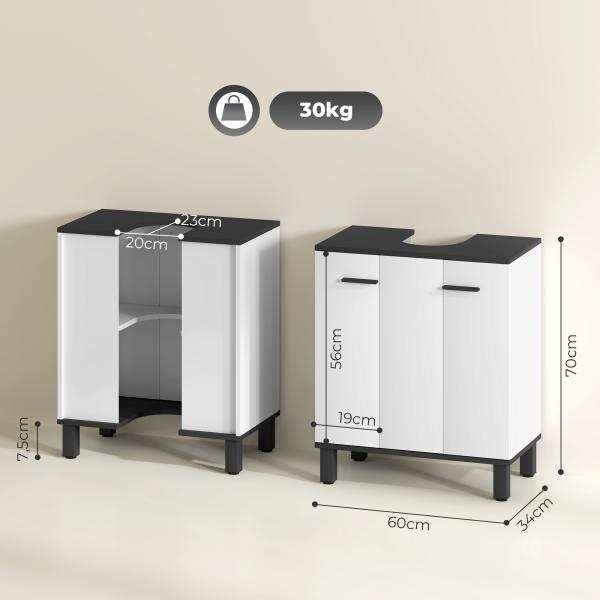 Móvel de Lavatório com 2 Portas e Prateleira Ajustável para Lavatório com ou sem Pedestal 60x34x70 cm Branco Brilhante