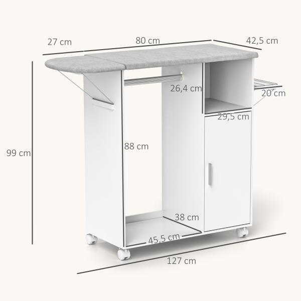 Móvel de Engomar de Madeira com Rodas Barra para Pendurar Roupa Prateleira Aberta e Tábua Dobrável 107x42,5x99 cm Branco