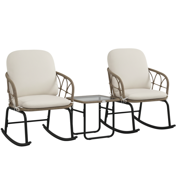 Conjunto de Móveis de Vime de 3 Peças Conjunto de 2 Cadeiras de Baloiço 1 Mesa de Centro e Almofadas Creme e Bege