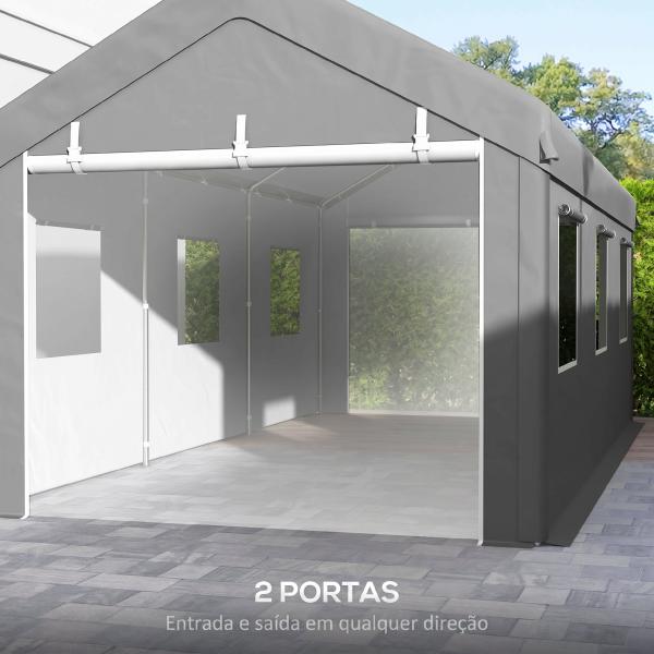 Tenda Garagem 295x600x278 cm Tenda de Exterior Resistente com 2 Portas Enroláveis e 6 Janelas Cinzento