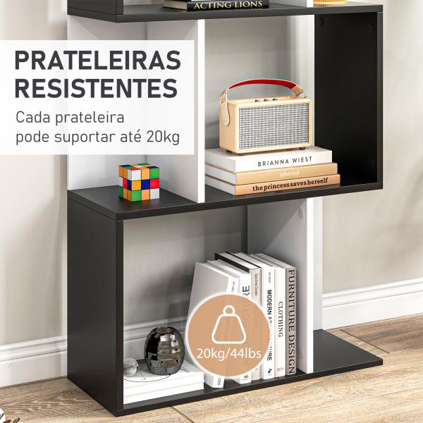 Estante para Livros Estante Alta de Parede com 5 Níveis em Forma de S Desenho Moderno 60x24x184,5 cm Branco e Preto
