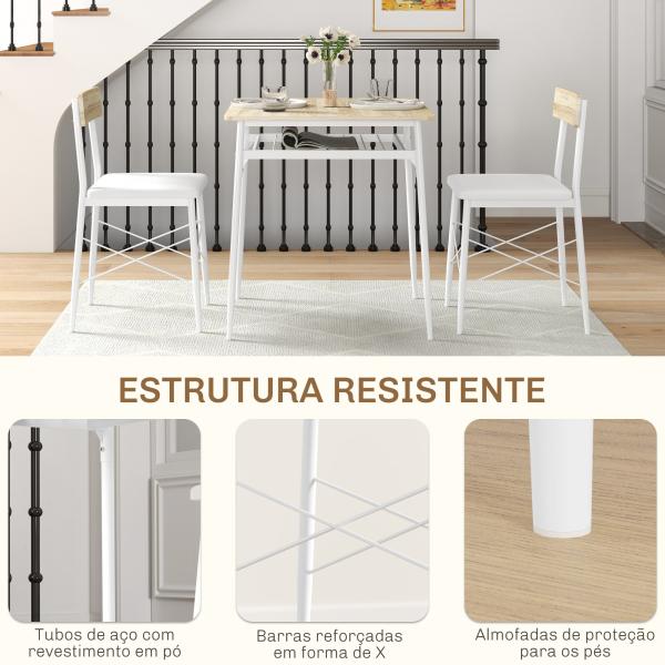 Conjunto de Refeição de 3 Peças Conjunto 1 Mesa 70x70x75 cm e 2 Cadeiras 40x50x80 cm com Prateleira de Armazenamento Branco e Madeira