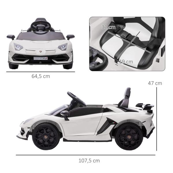 Carro Elétrico Lamborghini para Crianças 12V Velocidade Máxima 5km/h Controlo Remoto MP3 Luzes e Cinto de Segurança 107,5x63x42 cm Branco