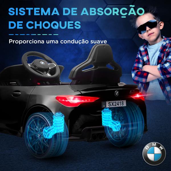 Carro Elétrico para Crianças BMW M4 12V com Controlo Remoto Faróis Buzina Música e Velocidade 3 - 5 km/h 108x69,5x51 cm Preto