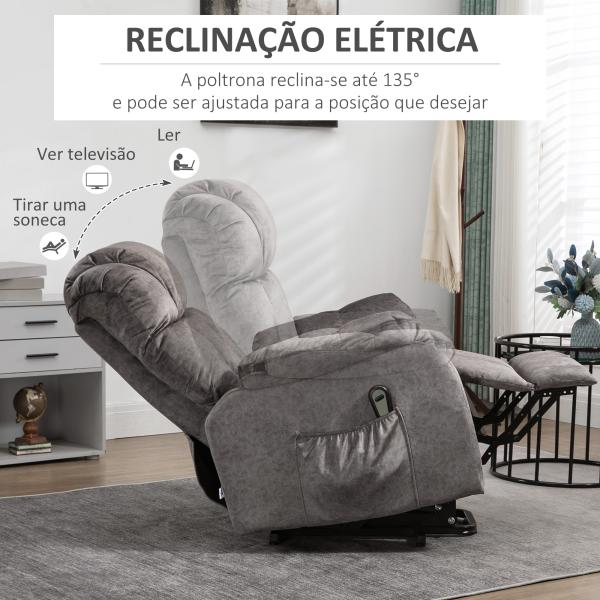 Poltrona Levanta Pessoas Estofada em Veludo com Reclinação Elétrica 135° e Apoio para os Pés 83x91x100 cm Cinza