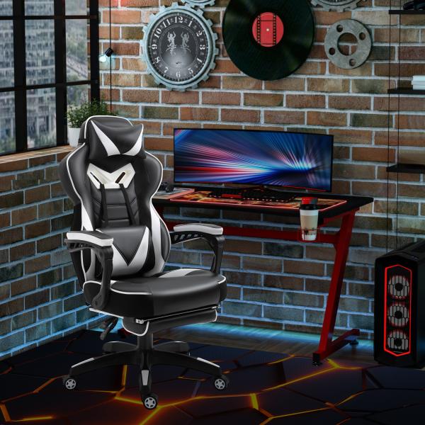 Cadeira de escritorio gaming ergonômica Altura ajustável Reclinável Encosto com apoio para pés 65x70x118,5 - 126,5 cm Branco e Preto