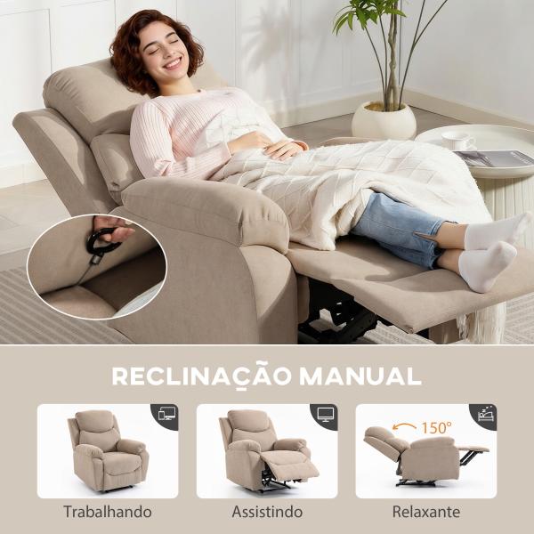 Poltrona Reclinável Manual com Tecido de Aspeto em Linho e Apoio para os Pés 85x93x105 cm Bege