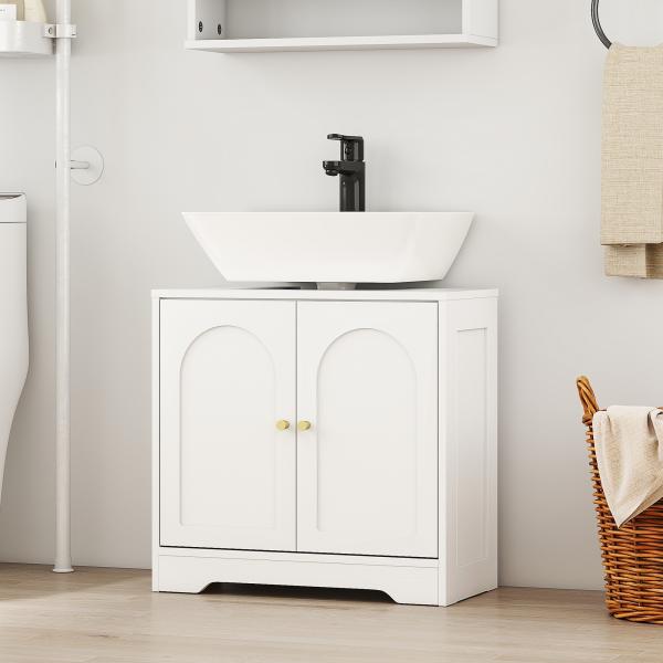 Móvel para Lavatório Pousar com 2 Portas em Arco Puxadores Dourados para Lavatório com ou sem Pedestal 60x30x65 cm Branco