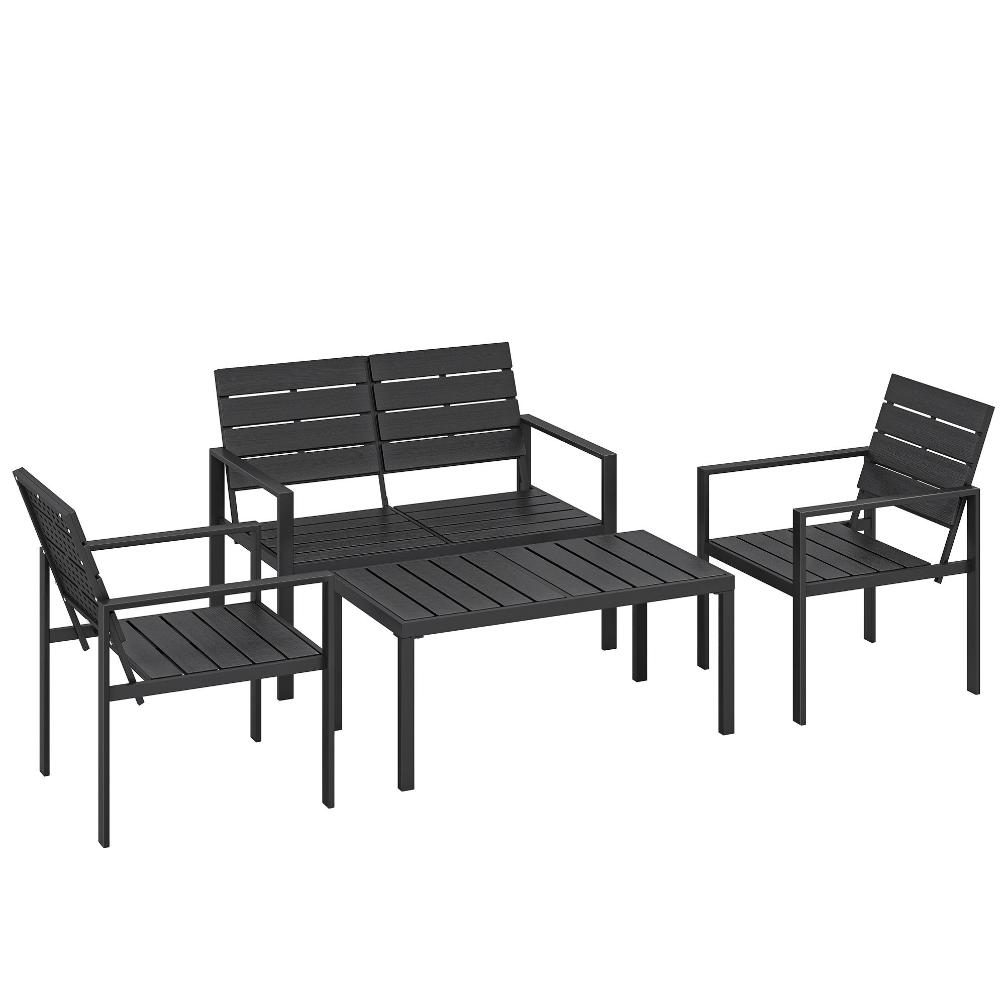 Conjunto de Móveis de Jardim para 4 Pessoas - Sofá de 2 Lugares, 2 Cadeiras e Mesa de Centro - Preto