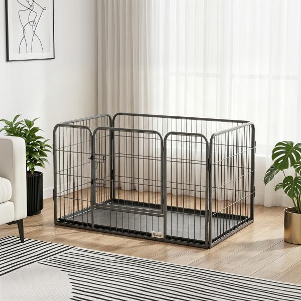 Barreira de Segurança para Animais de Estimação Parque de Diversão para Animais com 4 Painéis de Aço 109x74x71cm com Porta de Trava Dupla e Bandeja Removível para Exterior Interior Cinza