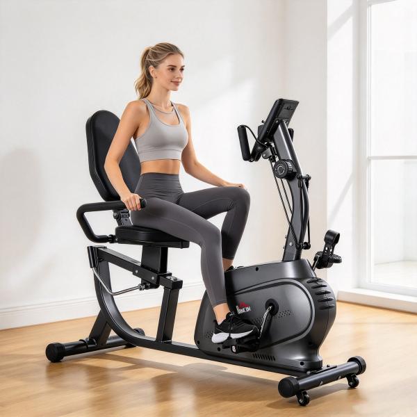 Bicicleta Estática com Encosto 8 Níveis de Resistência Bicicleta Banco Ajustável e Ecrã LCD 121 - 142x62x101 cm Preto
