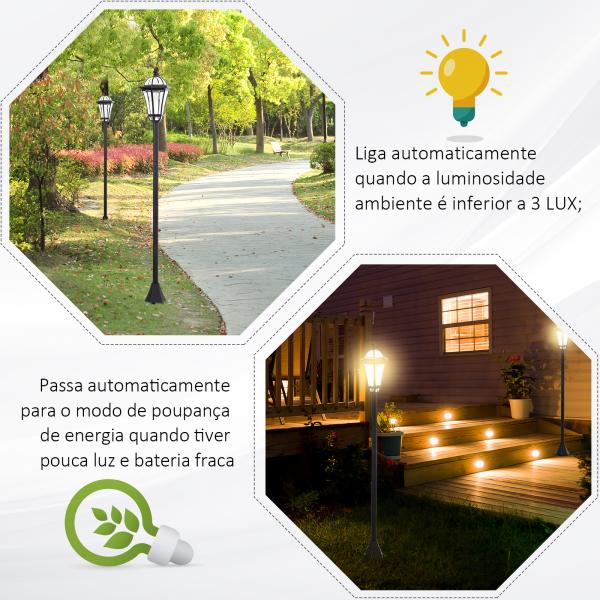 2 Candeeiros Solares de Jardim com 2 Luzes LED Branca Impermeável IP44 Ligação Automática Conjunto de 2 Candeeiros de Exterior para Caminho Terraço Pátio 18,5x18,5x129 cm Preto