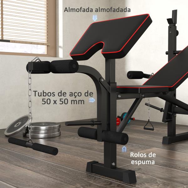 Banco de Musculação Dobrável Banco Multifunções com Suportes para Barras e Encosto Ajustável para Treino Completo de Corpo Preto