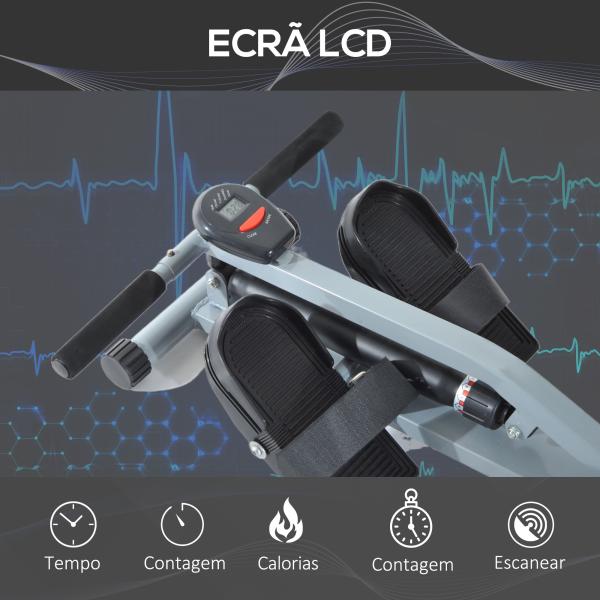 Máquina de Remo com Ecrã LCD para Academia Exercícios de Musculação ou Resistência Carga Máxima 100kg 130x47,5x67cm Cinza