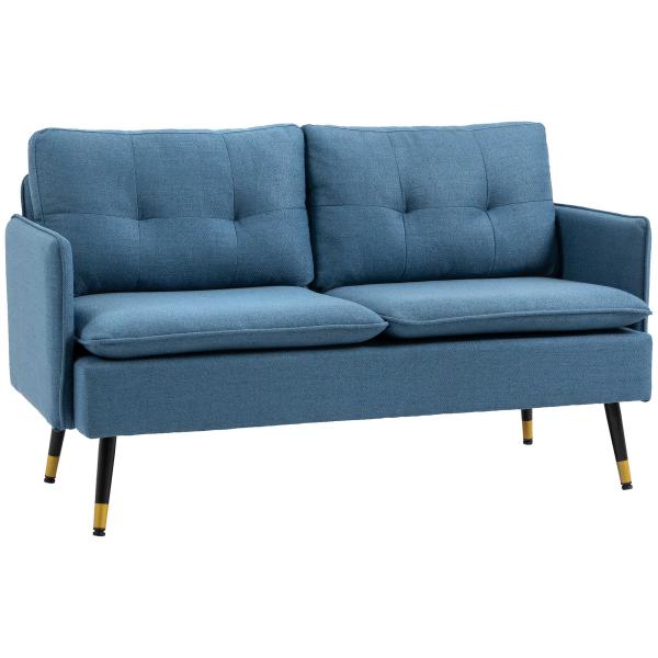 Sofá de 2 Lugares Moderno Estofado em Poliéster com 4 Almofadas Apoio para os Braços e Pés de Aço 139x68x80 cm Azul