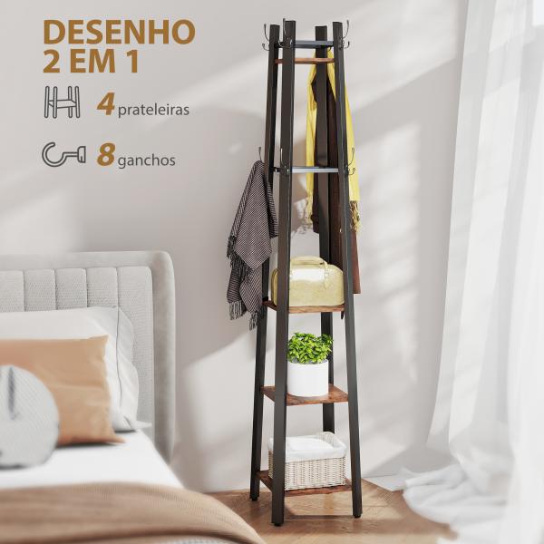 Cabideiro de Pé com 4 Níveis 4 Prateleiras 8 Ganchos com Estrutura Metálica para Pendurar Roupas e Chapéus Marrom Rústico