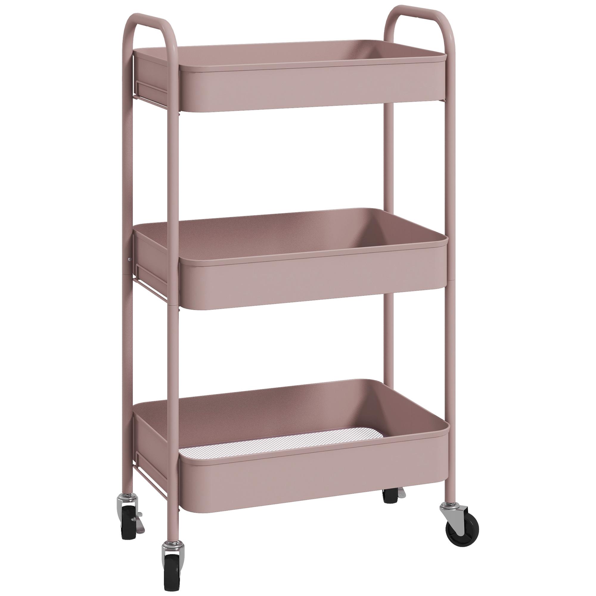 Carrinho Auxiliar de 3 Níveis com Rodas Carrinho de Armazenamento Deslizante para Cozinha Sala 45x30.6x79 cm Rosa