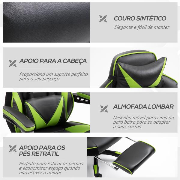 Cadeira de escritorio gaming ergonômica Altura Ajustável reclinável com apoio para pés Verde e Preto