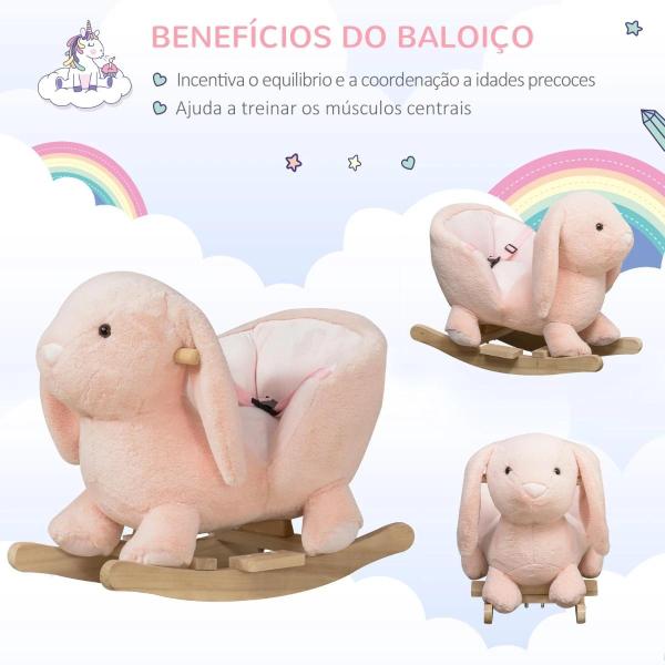 Baloiço Infantil com Forma de Coelho de Pelúcia Baloiço para Bebés 18 - 36 Meses com Som Cinto de Segurança Guidão e Apoio para os Pés 60x33x50cm Rosa