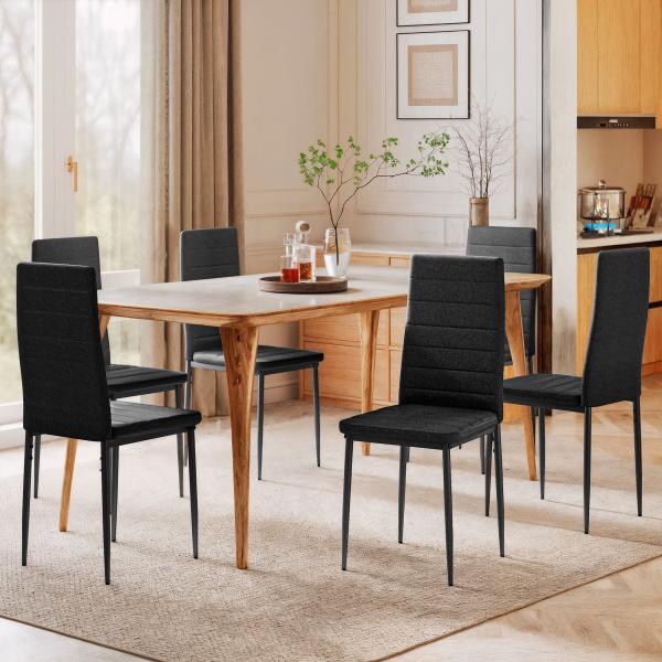 Conjunto de 6 Cadeiras de Sala de Jantar Estofadas em Linho com Pernas em Metal Cadeiras Modernas para Cozinha Quarto Suporta até 120 kg 41x50x97 cm Preto