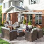Conjunto de Jardim Exterior de Vime 6 Peças Almofadas Sofá Duplo Sofá de 3 Lugares 2 Poltronas 2 Mesas Auxiliares Bege